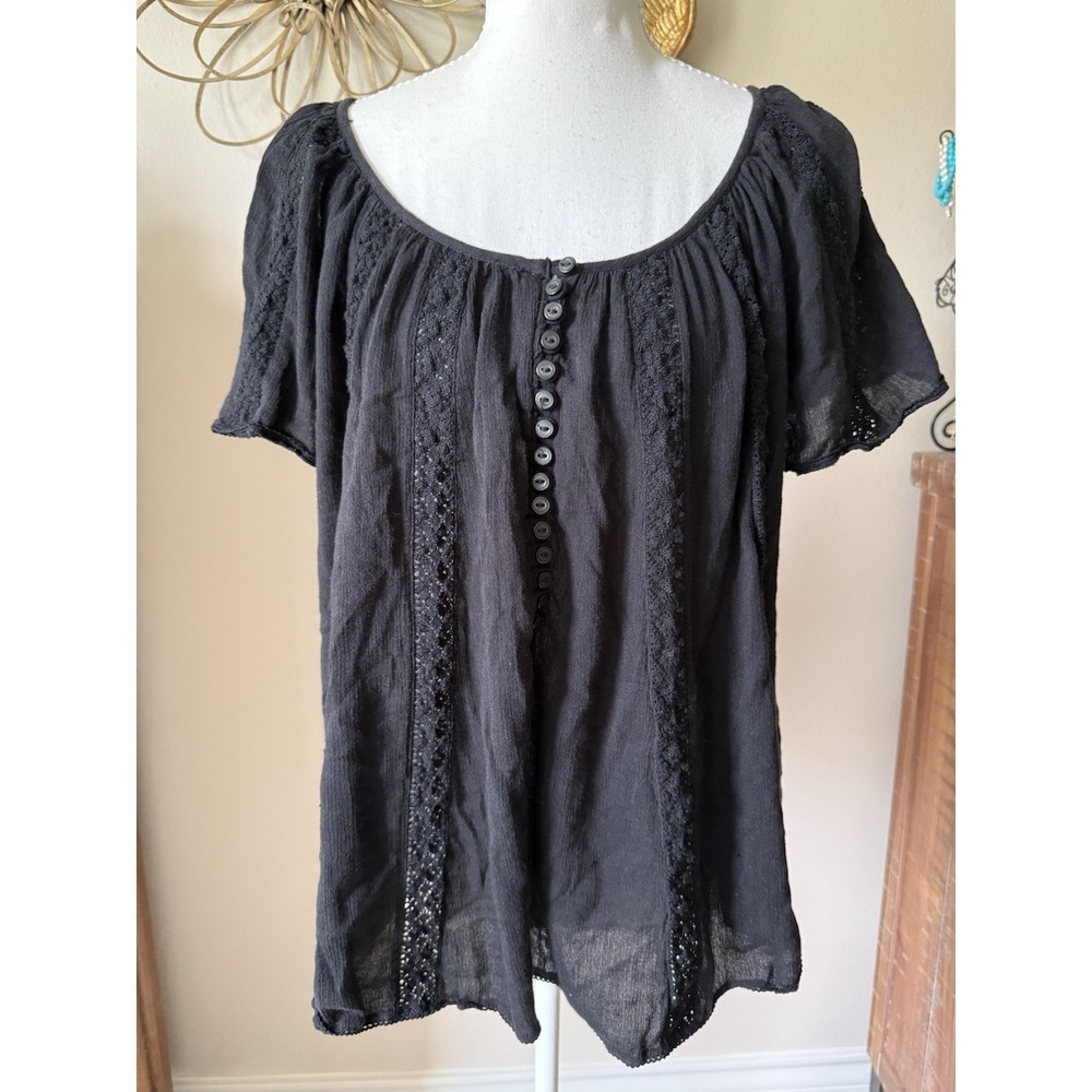Denim & Supply Ralph Lauren XL Black Crochet Lace Gauze Peasant Boho Blouse